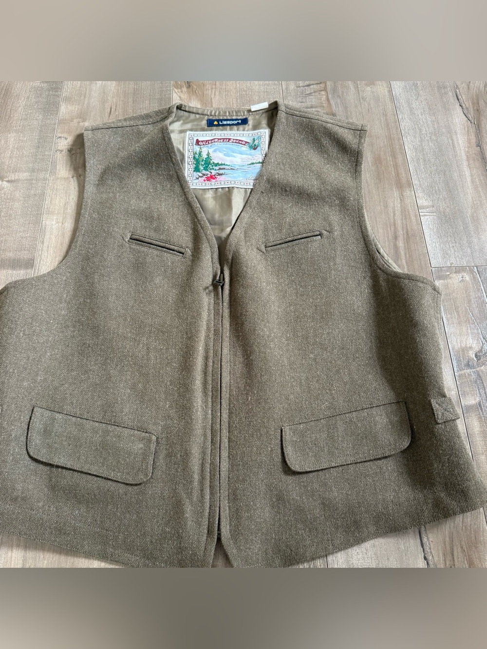 Vintage Lizsport Wool Vest Zip Adjustable Olive Green Size 12 Wilderness Bound